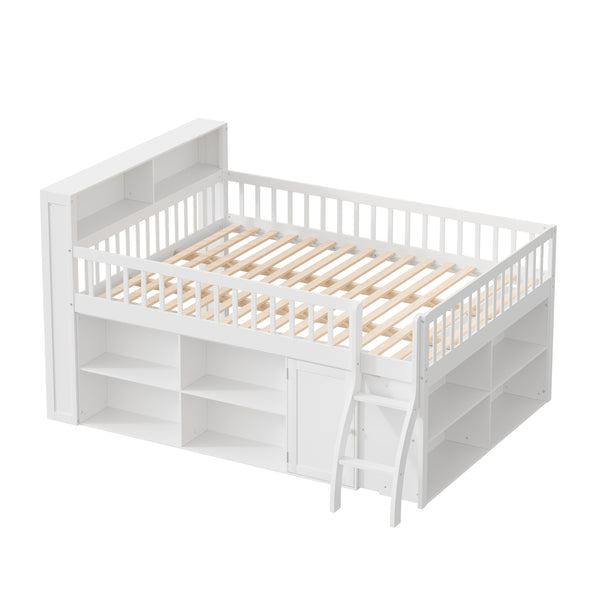 English Elm Queen Loft Bed with Open Shelving Built-in Led Light White Wood Frame N7090005025K