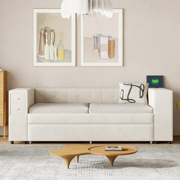 English Elm Twin Upholstered Bed with Trundle and Storage Drawers, USB Ports, French Velvet Luxurious Feel Beige SF000184AAA