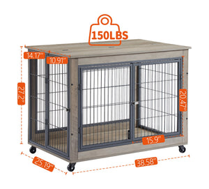 English Elm Furniture Style Dog Crate Side Table on Wheels with Double Doors, Lift-Top, Grey — Safe, Mobile, 38.58"w x 27.36"h W116291737