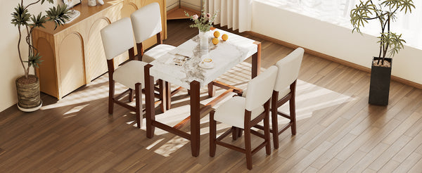 English Elm 5-Piece Counter Height Dining Set with Faux Marble Top and Upholstered Seats, Mid-Century Pub Charm Beige+White N752S000086A