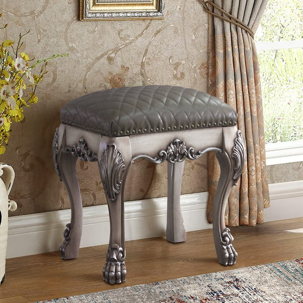 English Elm Grey Tufted Vanity Stool with Grey Faux Leather Seat & Vintage Bone-White Claw Legs, Solid Wood Base (21.5") B062P186401