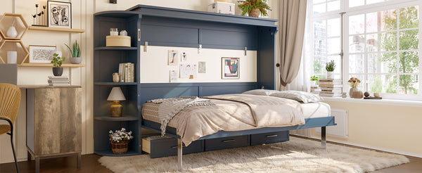 English Elm Full Size Murphy Wall Bed with Side Cabinets Three Drawers and Shelving for Small Spaces Blue W1580S00451