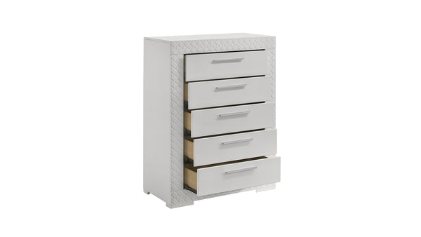 English Elm Blanca King 5-Piece Bedroom Set with LED Headboard, White Lacquer Finish, Quilted Accents & Storage B009S01392