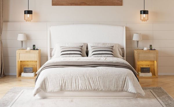 English Elm Upholstered Queen Platform Bed Curved Wingback Linen Headboard Modern Bedroom Frame Beige N733S439498A