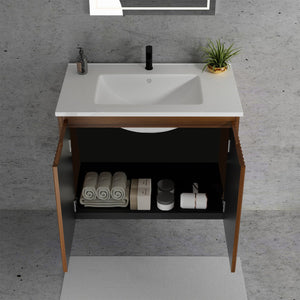 English Elm 30 Inch Floating Bathroom Vanity Fluted Wood Grain Front with Ceramic Integrated Sink Walnut W3520S00028