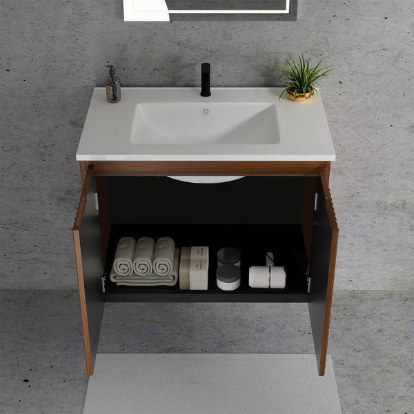 English Elm 30 Inch Floating Bathroom Vanity Fluted Wood Grain Front with Ceramic Integrated Sink Walnut W3520S00028