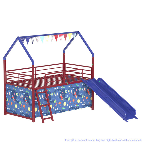 English Elm Jack Metal Junior Loft Bed With Slide & Curtain Set – Superhero Red & Blue Design For Fun Playtime! B083P354665