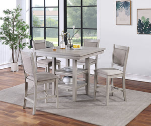 English Elm 5 Rustic Gray 5-Piece Counter Height Dining Set with Upholstered Chairs, Shelf & Footrests for Small Spaces B089P390145