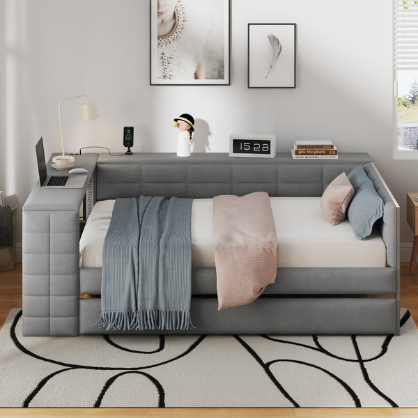English Elm Full Size Upholstered Platform Bed With Trundle, Charging Station, And Smart Storage In Gray Velvet N7090000604E
