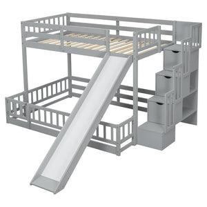 English Elm Twin Over Full Bunk Bed With Slide, Storage Staircase & Safety Guardrails - Grey Pine Design Fun! W504S00184-GIGA