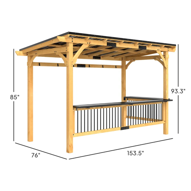 English Elm Outdoor Fir Wood Bbq Gazebo with Metal Hardtop Roof Shelves and Grilling Hooks T3971S00190