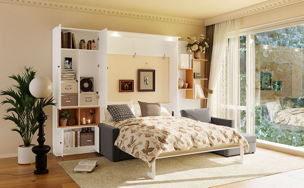 English Elm Queen Murphy Wall Bed with Velvet Sofa Built in Shelves Cabinets and Reading Lights White LP000393AAK