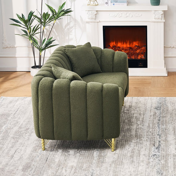 English Elm 63" Chenille Loveseat Sofa Luxury 2-Seater Deep Tufted Couch with Gold Metal Legs and Pillows Green W3373S00054