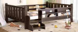 English Elm Twin Pine Floor Bed for Kids with Side Bookcases Built-in Stairs and Safety Guardrails Espresso W1580P390226