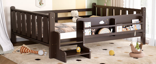 English Elm Twin Pine Floor Bed for Kids with Side Bookcases Built-in Stairs and Safety Guardrails Espresso W1580P390226