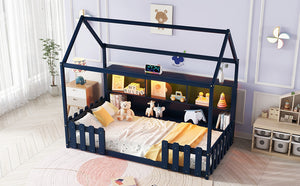 English Elm Twin House Bed with LED Light and Built-In Bookshelf, Solid Wood Playhouse Design for Kids Safety Navy Blue 78.15 L x 15.75 W x 6.1 H W2593P269090