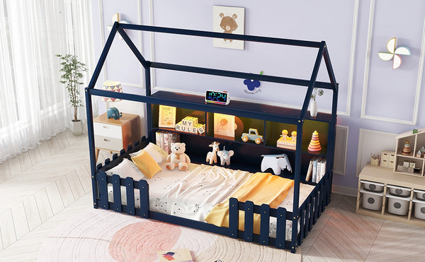 English Elm Twin House Bed with LED Light and Built-In Bookshelf, Solid Wood Playhouse Design for Kids Safety Navy Blue 78.15 L x 15.75 W x 6.1 H W2593P269090