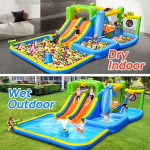 English Elm 9 in 1 Inflatable Bounce House Backyard Water Park with Slide Pool and Sprinkler W1677P247377