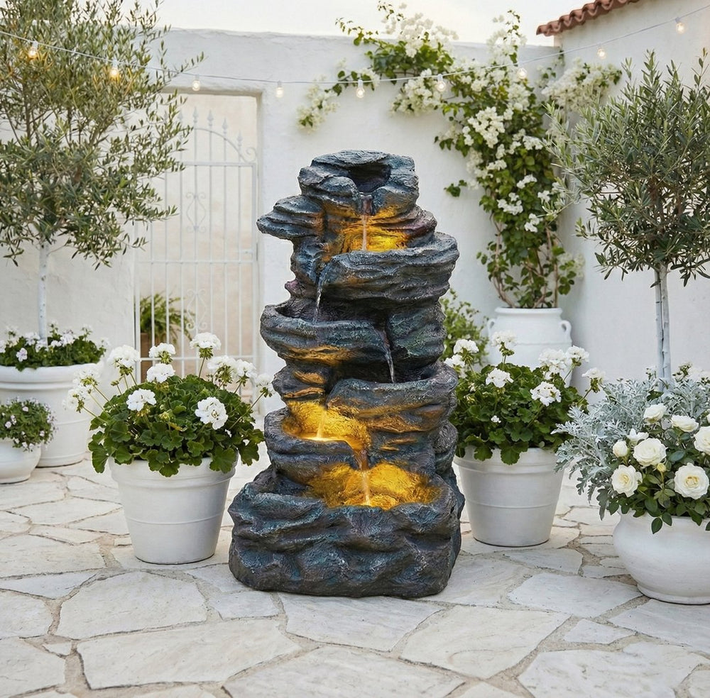 English Elm 6-tier Cascading Resin Stone Fountain with Warm Led Lights for Patio and Garden W853P412664