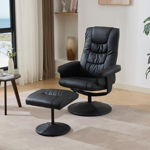 English Elm 015-Recliner Ergonomic Swivel Massage Chair with Ottoman, Heated 5-Point Vibration, 140° PU Recliner Black W2636P262445