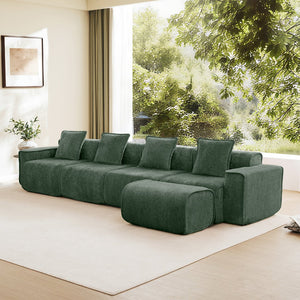 English Elm Streamlined Modular L-shaped Sectional Velvet Sofa with Ottoman and Tailored Piping Detail Green W3041S00369