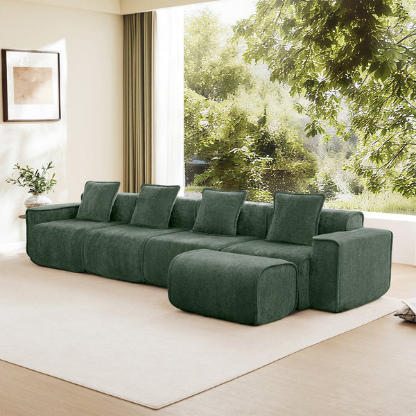 English Elm Streamlined Modular L-shaped Sectional Velvet Sofa with Ottoman and Tailored Piping Detail Green W3041S00369