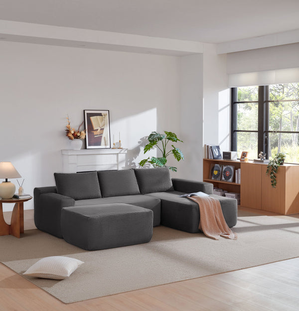 English Elm 105.7"cloud U-shaped Sectional Plush Corduroy Sofa Deep Seat Lounge for Living Room W3975S00023