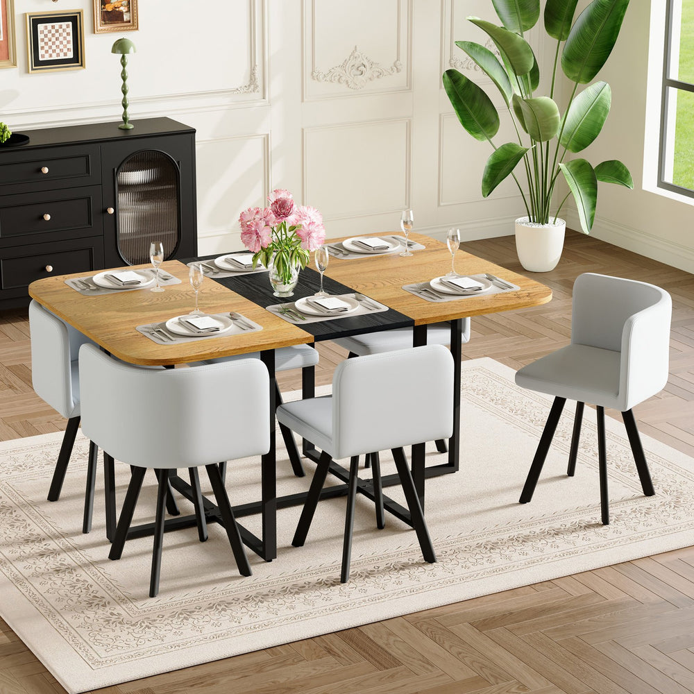 English Elm 7-piece Modern Dining Set Seats Six with Two-tone Wood Table and Gray Pu Chairs W3875S00126