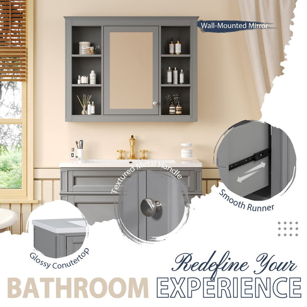 English Elm 36'' Modern Bathroom Vanity Set With Mirror, 2 Soft-Close Drawers, & 6 Open Shelves For Storage N710S236006E
