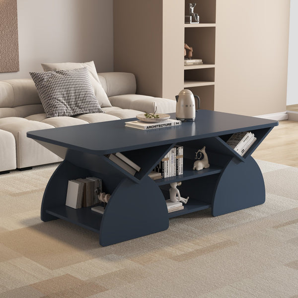 English Elm Engineered rounded corner rectangular coffee table with 6 cubbies, spacious tabletop, durable melamine finish Blue W2899P372761