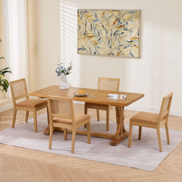 English Elm Farmhouse Rattan Back Dining Chairs Set of 2 with Linen Seat and Hardwood Legs Tan W1143P452937