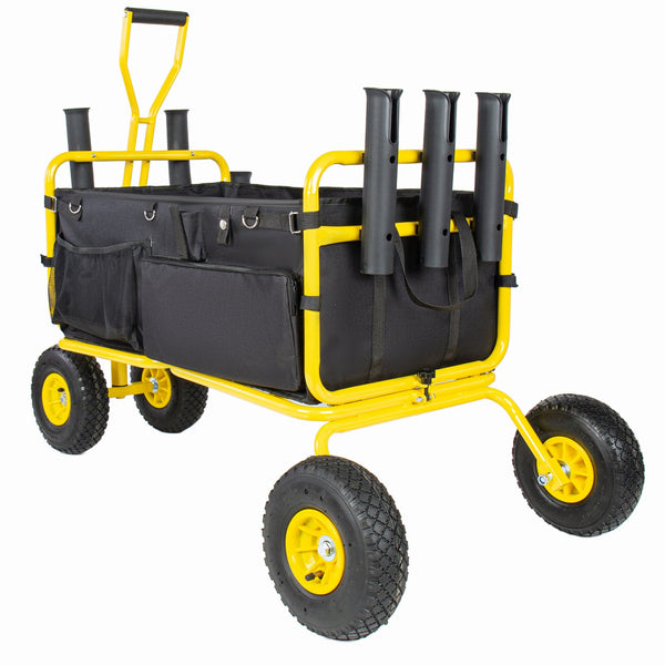 English Elm Fishing Beach Cart Collapsible Heavy Duty Wagon with All Terrain Wheels Rod Holders Yellow W2932P417636