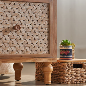 English Elm Rattan Mid-Century TV Stand 63.8" for TVs up to 65" — Rattan Doors, 2 Drawers, Adjustable Shelf, Cord Management W3040P382306