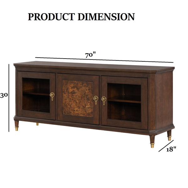 English Elm Modern 70" TV Stand Dark Cherry Finish with Gold Accents, 3 Felt-Lined Drawers, Sturdy Wood Design B2741P395430