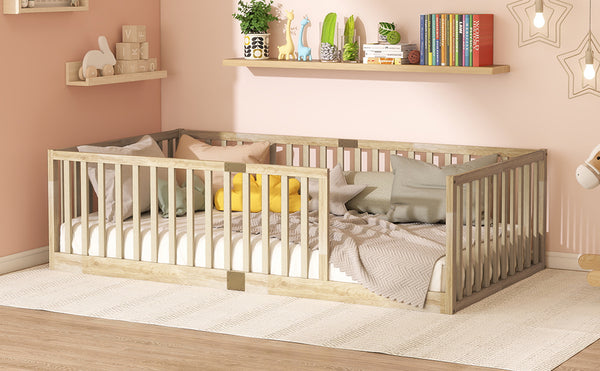 English Elm Twin House Frame Floor Bed Rubberwood with Roof Canopy and Safety Rails for Kids Natural W504P429531