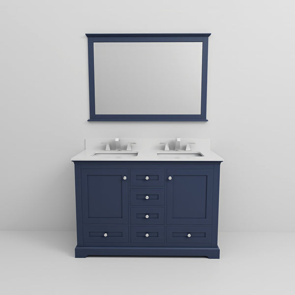 English Elm Navy Double Bath Vanity 48" W x 22" D with White Quartz, Chrome Faucet, 46" Mirror, Scratch-Resistant Finish B2731S00978