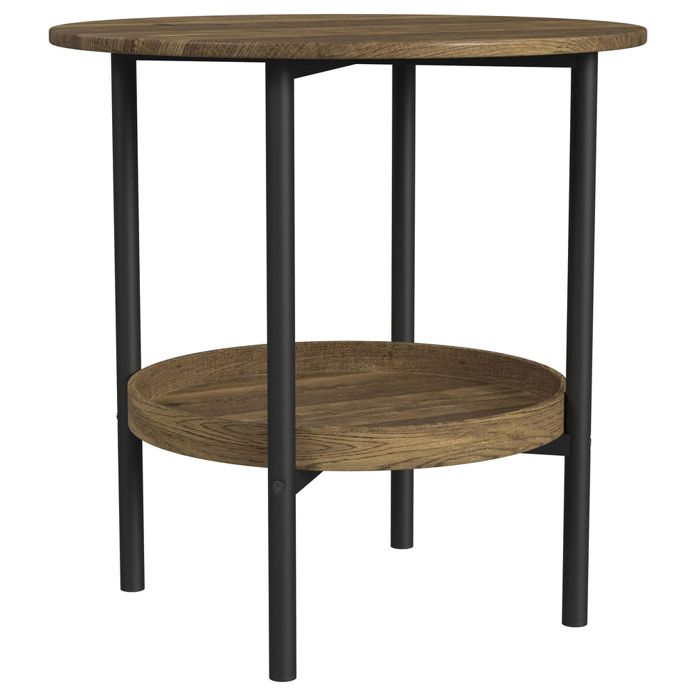 English Elm Kavita Round Farmhouse Side Table with Brown Wood Grain Top, Black Metal Legs & Lower Shelf Storage B062P299907