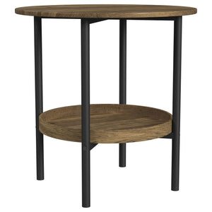 English Elm Kavita Round Farmhouse Side Table with Brown Wood Grain Top, Black Metal Legs & Lower Shelf Storage B062P299907