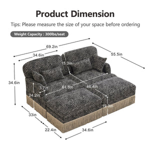English Elm Comfy Chenille Leopard Print Loveseat with Tassel Trim and Movable Ottoman Modules Khaki W5656S00021