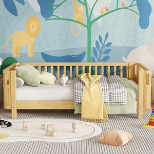 English Elm Twin Solid Pine Platform Bed with Guardrail for Kids, Low-Profile Twin Frame Durable 250LB Capacity W2593P367051