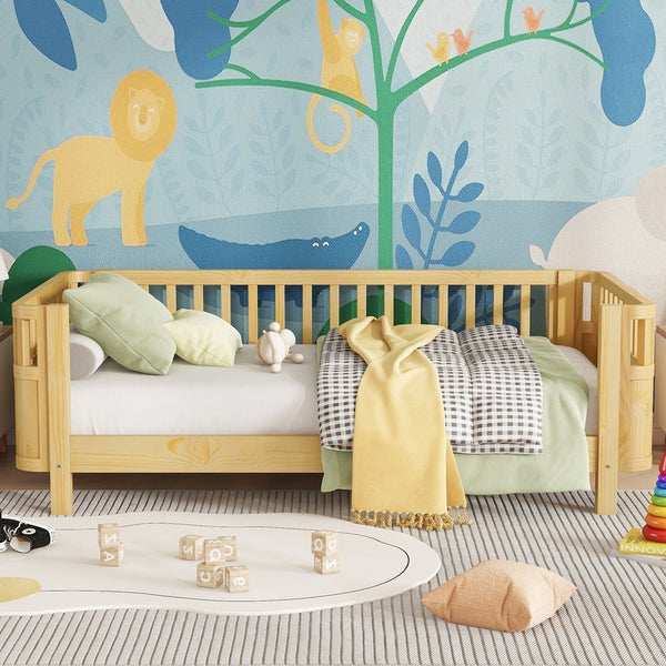 English Elm Twin Solid Pine Platform Bed with Guardrail for Kids, Low-Profile Twin Frame Durable 250LB Capacity W2593P367051