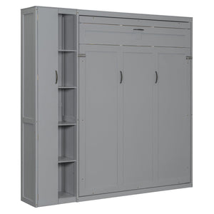 English Elm Queen Murphy Wall Bed with Led Lighting Open Shelves and Wardrobe Cabinet Storage Gray LP000899AAE-1