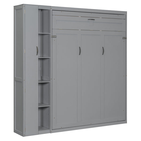 English Elm Queen Murphy Wall Bed with Led Lighting Open Shelves and Wardrobe Cabinet Storage Gray LP000899AAE-1