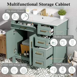 English Elm 36" Green Modern Bathroom Vanity with Ceramic Sink, 4 Soft-Close Drawers & Doors, Solid Wood Build N729P253935F