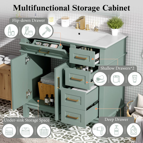 English Elm 36" Green Modern Bathroom Vanity with Ceramic Sink, 4 Soft-Close Drawers & Doors, Solid Wood Build N729P253935F