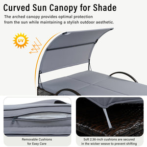 English Elm U_style Outdoor Double Sun Lounger Hdpe Wicker Steel Frame with Canopy Pop up Tables Gray WY000485AAE