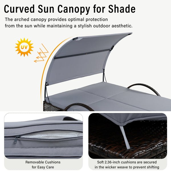 English Elm U_style Outdoor Double Sun Lounger Hdpe Wicker Steel Frame with Canopy Pop up Tables Gray WY000485AAE