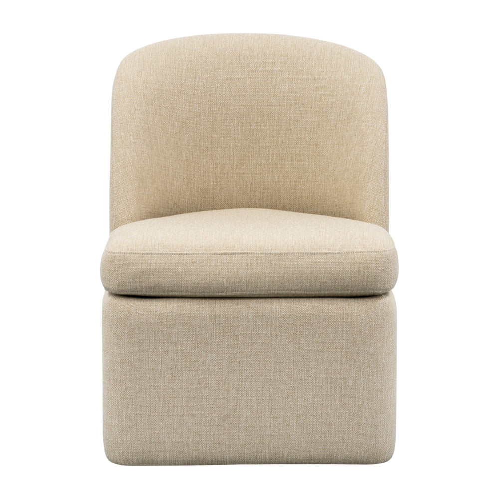 English Elm Dining Chair Upholstered in Textured Taupe Fabric with Casters and Tailored Piping B035P408394