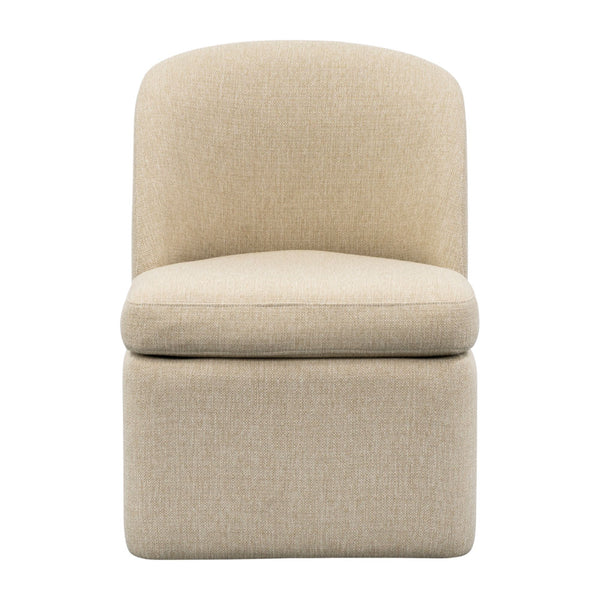 English Elm Dining Chair Upholstered in Textured Taupe Fabric with Casters and Tailored Piping B035P408394