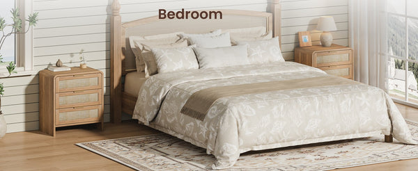 English Elm Rattan Drawer Nightstand Set with Built-in Charging Station and Open Shelf Bedroom Storage Caramel W1820P414049